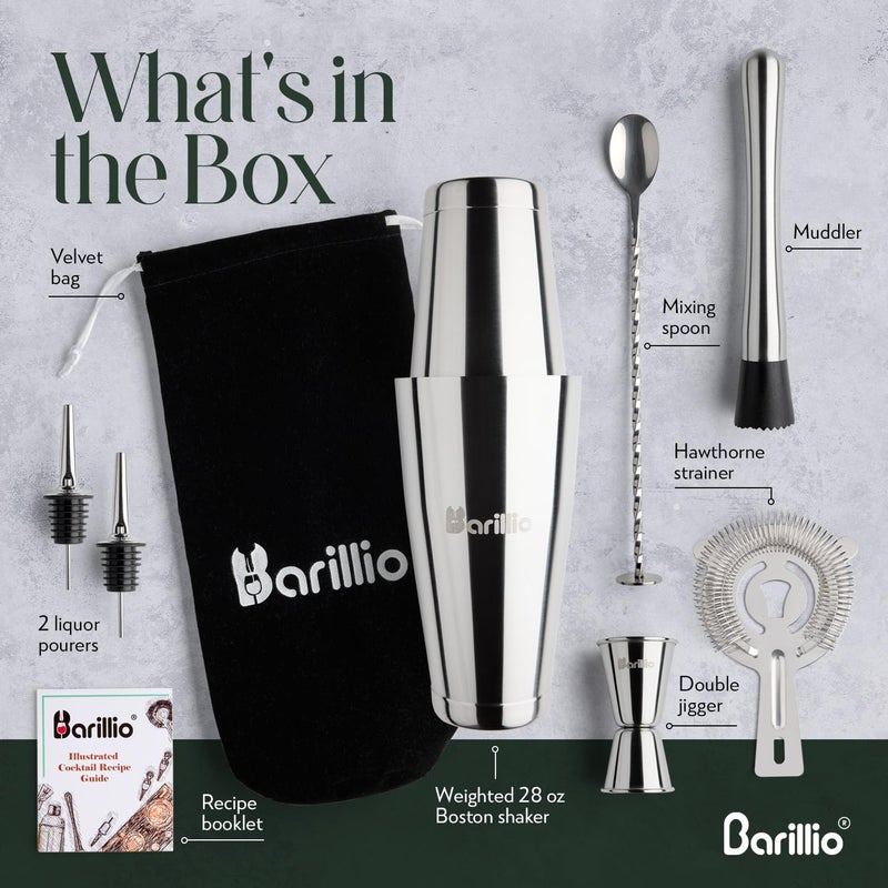 barillio طقم شاكر باريللو بوسطن - من الفولاذ المقاوم للصدأ، ثقيل، طقم شاكر كوكتيل مارتيني مع مصفاة وخلاط - مجموعة خلط البارمان - طقم بار للمنزل - 9 قطع - أدوات بار - فضي - Image 2